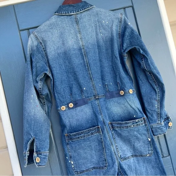 Free People Blue Denim Jumpsuit with paint splash Women Size Small - Picture 4 of 9